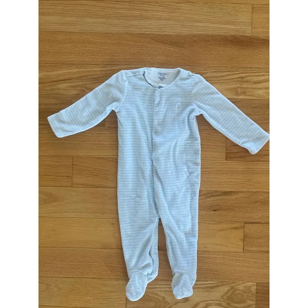 Ralph Lauren Blue Stripe Terry Cloth Velour Logo Baby Sleepsuit Footie 6 Mths
